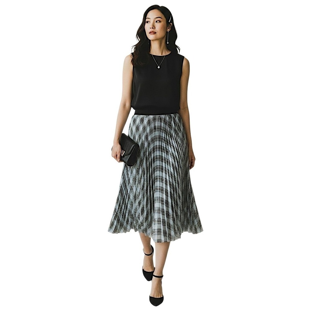 Maje Pleated Midi Skirt 3 US L Women Junga Georgette Blue Black Plaid Luxury 32"